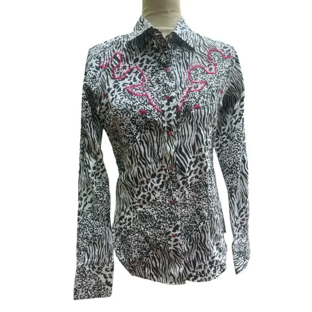 Sherry Cervi Animal Print Pink Embroidery Pearl Snap Shirt NWT S Rodeo Western